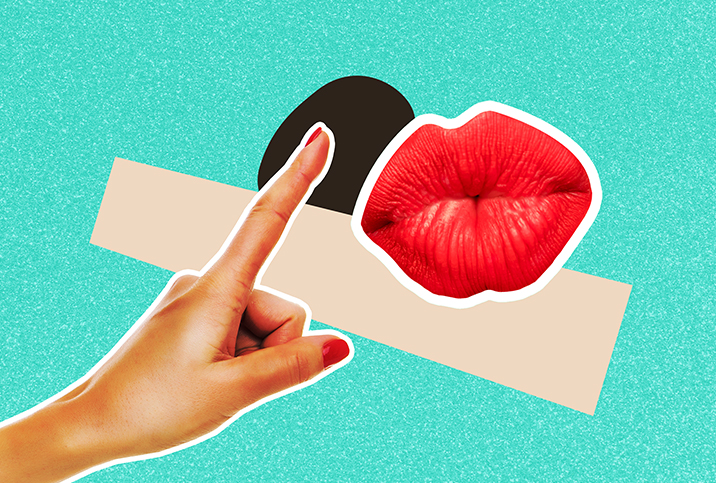 pursed red lips with raised index finger on hand with duct tape on teal background