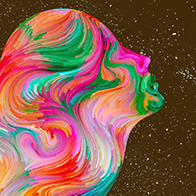 A combined profile of male and female heads mixed with multicolor swirls sit against a starry background.