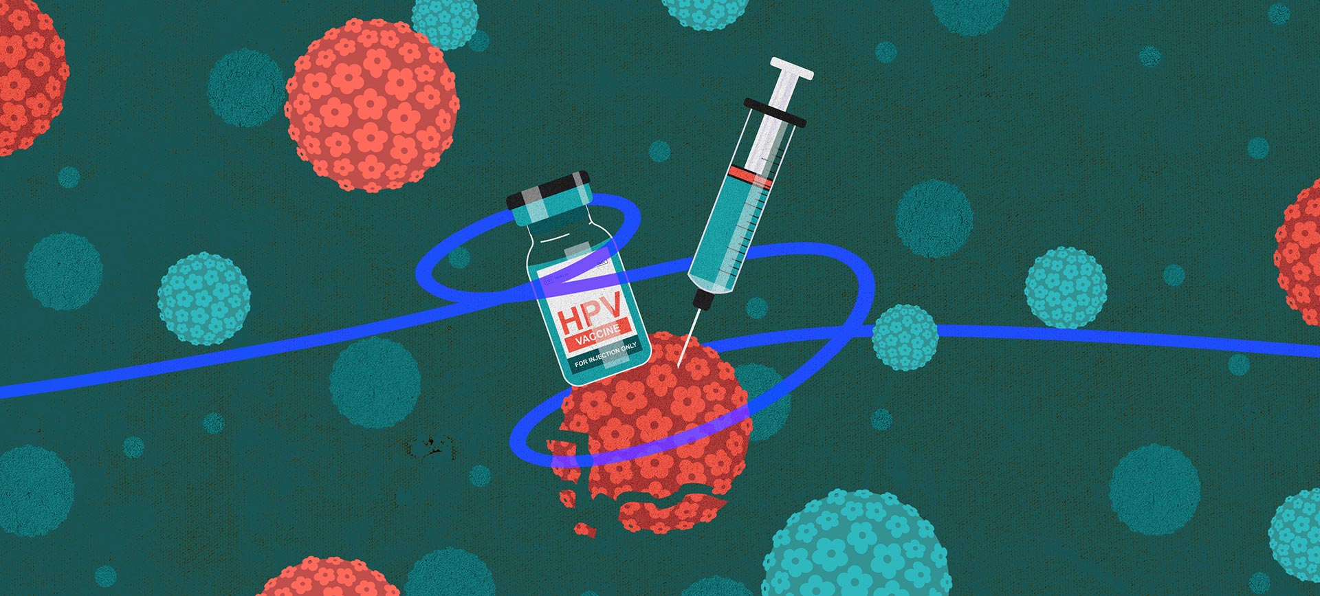 A needle injects the HPV vaccine into a red cell as the bottle sits beside it.