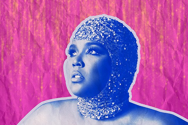 A blue-tinted portrait of Lizzo is on top of a pink textured background.
