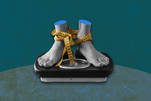 A pair of feet stand on a scale with a measuring tape tied around them.