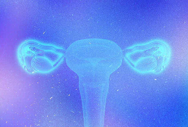 A blue female reproductive system is against a purple and blue cloudy background.