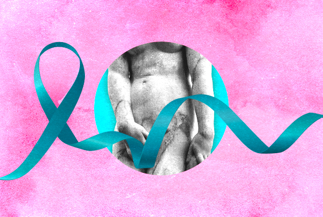 An ovarian cancer awareness ribbon flows over a pink background with a grey woman in the center holding her abdomen.