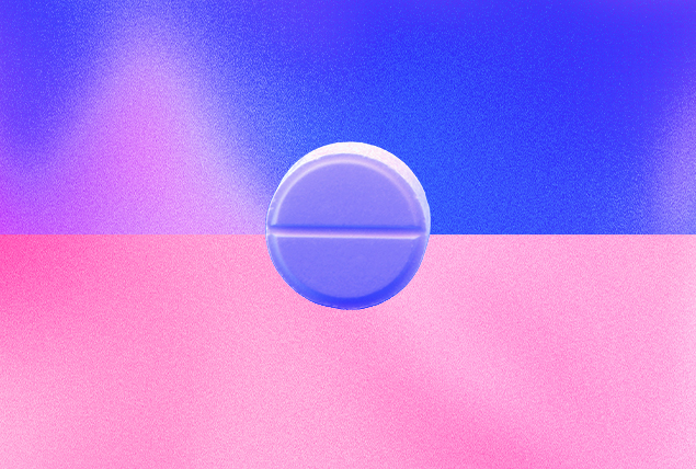 a round pill on a half blue half pink background