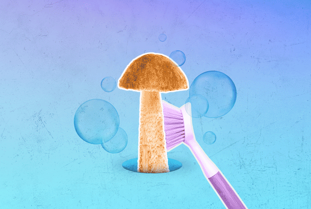 purple toothbrush scrubs mushroom on blue background with bubbles