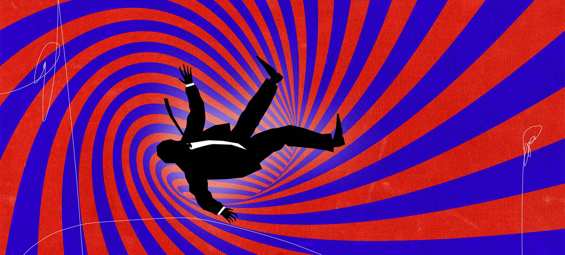 silhouette of man in suit and tie falling into striped red and blue vortex