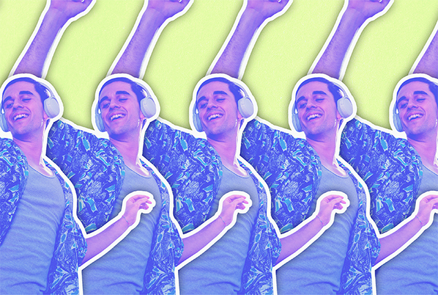 young man wearing headphones and dancing copied five times with purple tint on lime green background