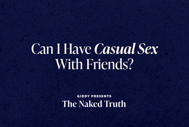 "Can I Have Casual Sex with Friends? Giddy Presents the Naked Truth" in white letters on dark navy background