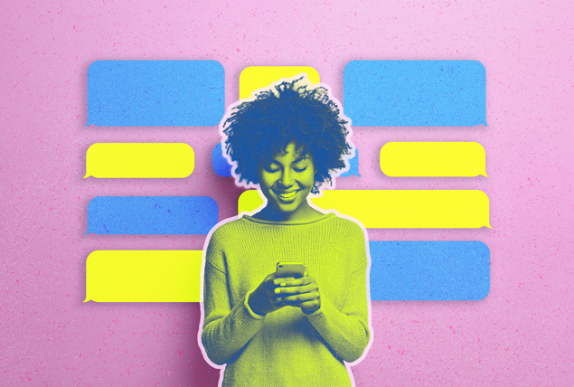 woman with yellow tint smiles at her smartphone in front of blue and yellow text bubbles on pink background