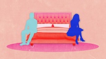 A teal man and a blue woman sit on opposite ends of a red and pink bed.