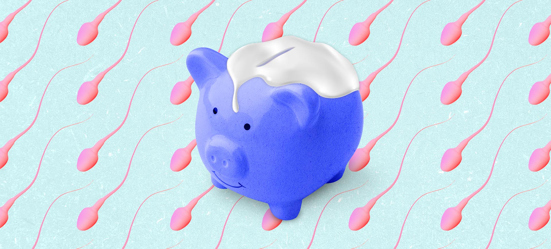 blue piggy bank covered in white liquid on a pink and blue background of sperm