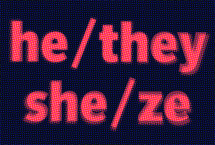 Pronouns are listed in pink against a dark blue background.