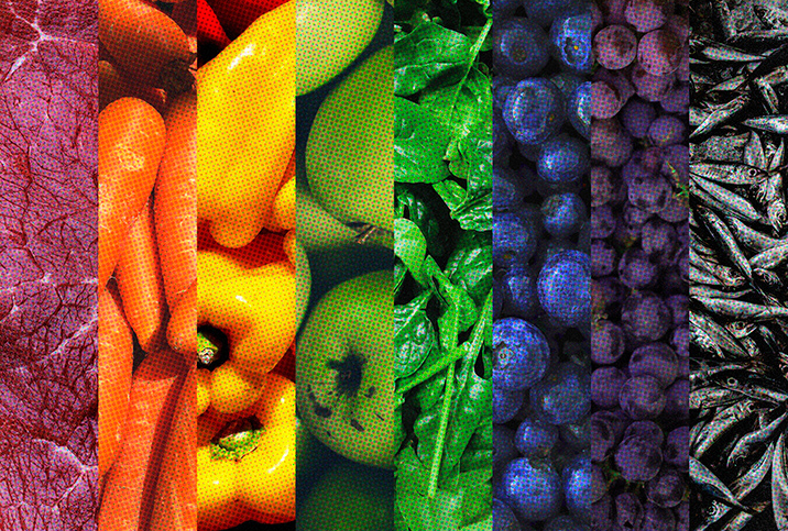 A rainbow gradient comprised of multiple foods.