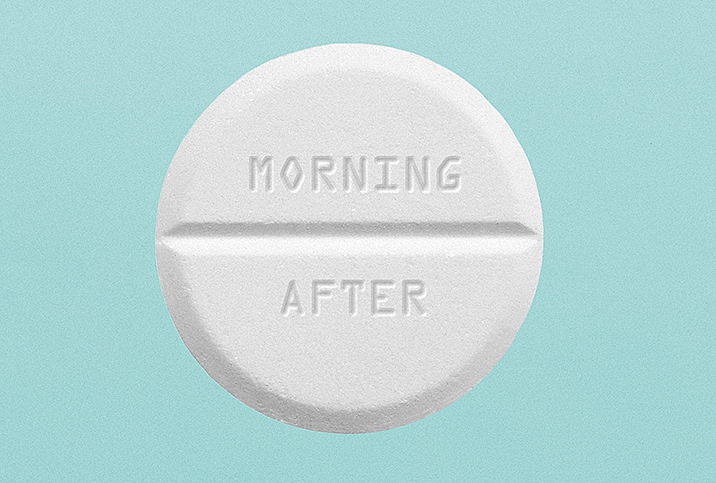 A white pill that says morning after sits against a teal background.