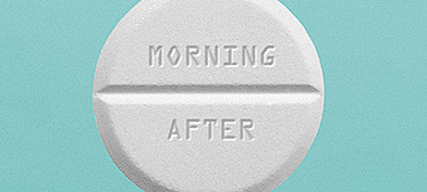 A white pill that says morning after sits against a teal background.