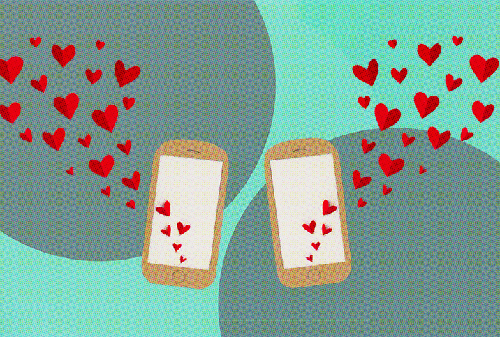 two smart phones next to each other with red hearts streaming out of them on a green background