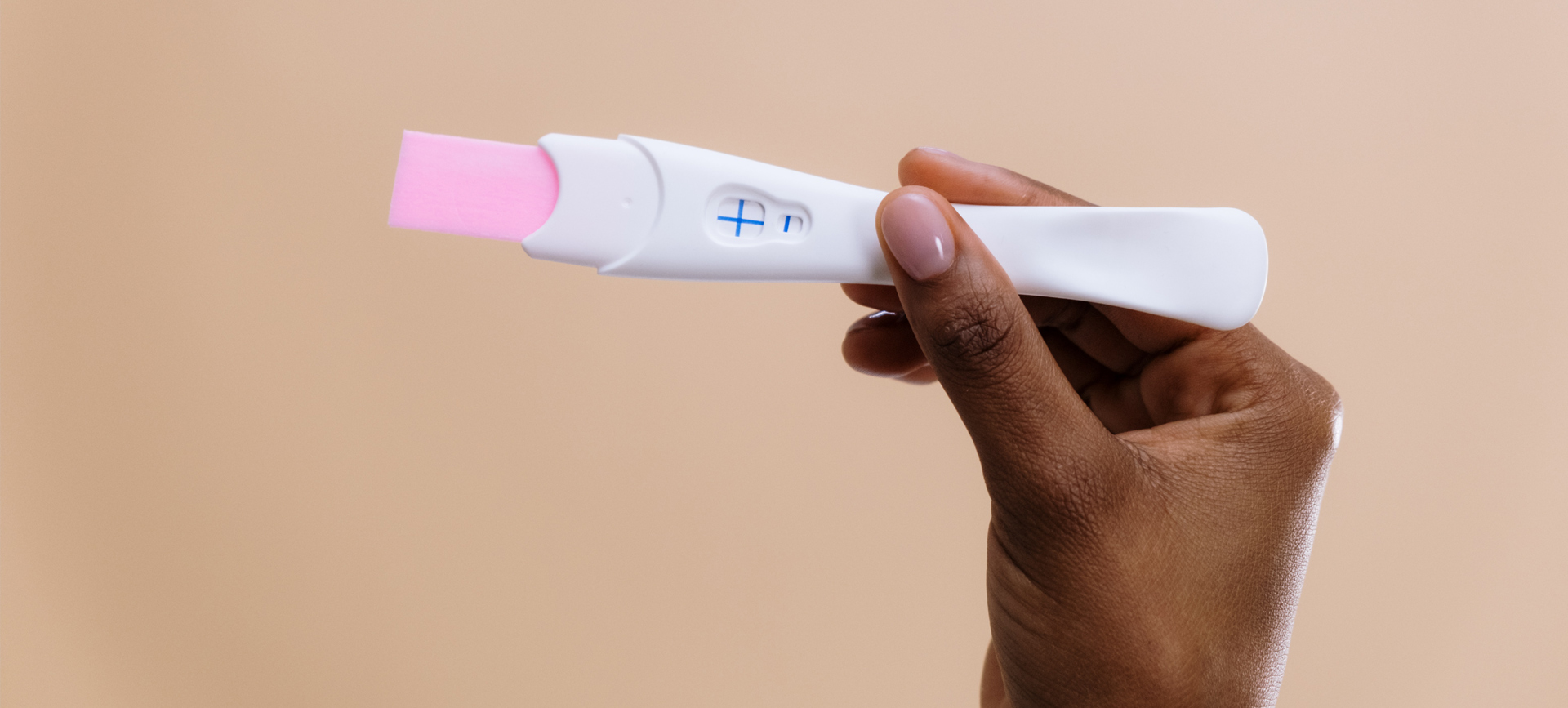 A hand holding a pregnancy test.