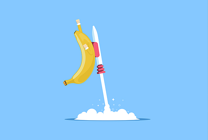 A banana taped to a launching rocket.