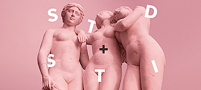 The acronyms of STD and STI are over a pink roman statue of three women.