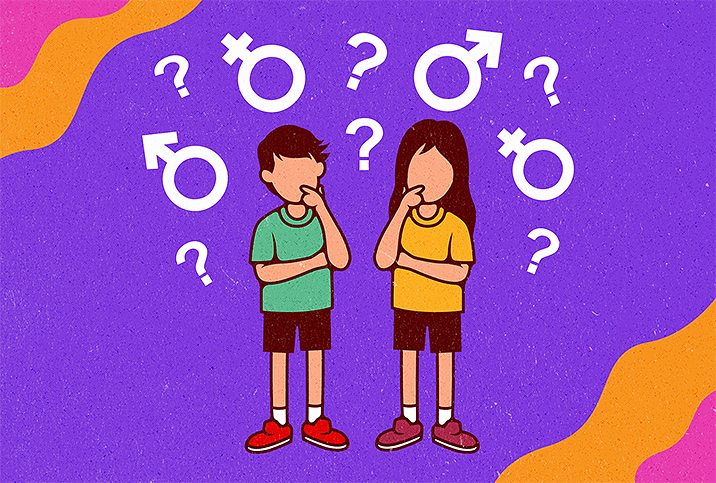 Two children of immigrants stand under white question marks as well as male and female glyphs against a purple background.