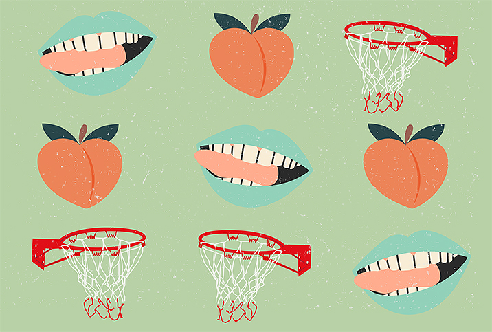 Three peaches are arranged in a patter with a pair of lips and a basketball rim.