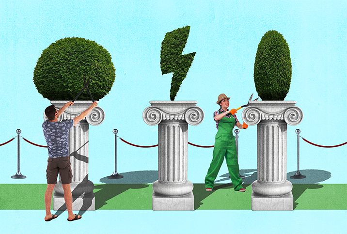 Two manscapers trim bushes on top of pillars.