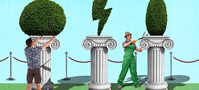Two manscapers trim bushes on top of pillars.