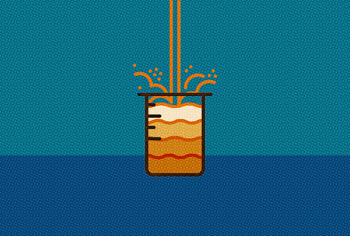 Urine pours into a beaker from above showing various shades of orange against a blue background.