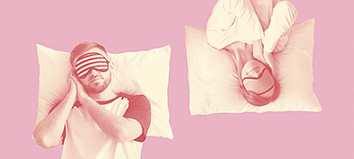 A man and woman sleep in opposite directions against a pink background.