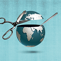 A pair of scissors cuts off the top of a teal and silver planet Earth.