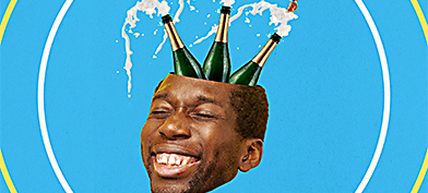 Three champagne bottles protruding from a man's cranium releasing suds.