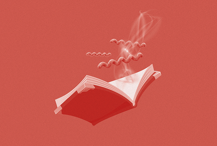 A red book is open with red syphilis virus strands rising up from the pages against a red background.