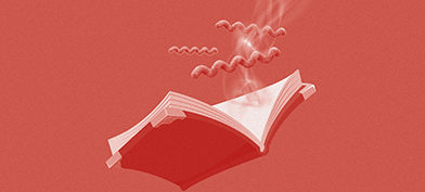 A red book is open with red syphilis virus strands rising up from the pages against a red background.