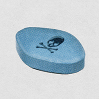 A blue pill for erectile dysfunction has a cross and bones on top of it.