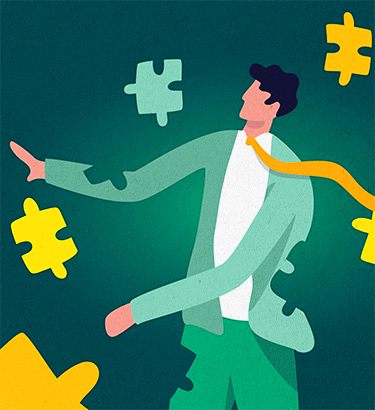 Man in green is surrounded by floating yellow puzzle pieces. 