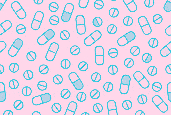 light blue outlines of pills falling on a light pink background