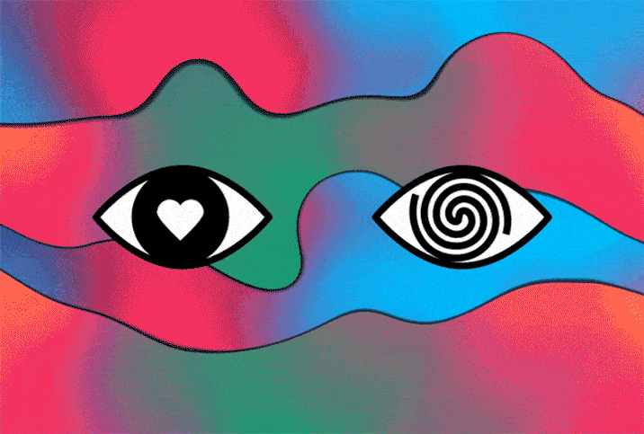 Cartoon eyes experiencing sex synesthesia against a multicolored background.