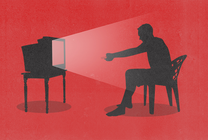 Against a red background is a silhouette of a man looking at a bright TV set.