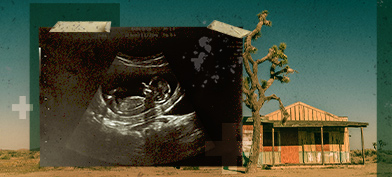 A large ultrasound of a fetus stands upright in the middle of a desert landscape.