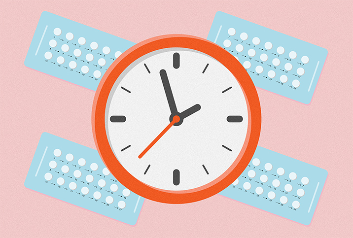 Birth control pills behind a clock on a pink background.