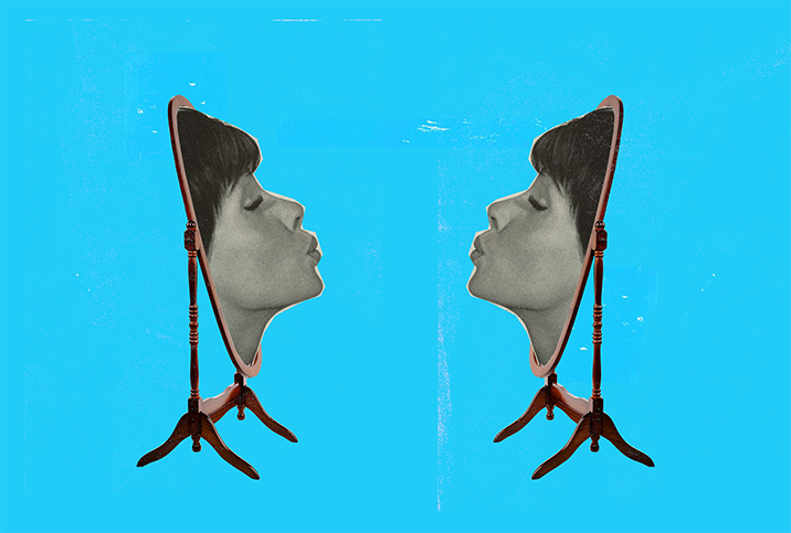 twin faces coming out of a mirror looking at each other on a blue background