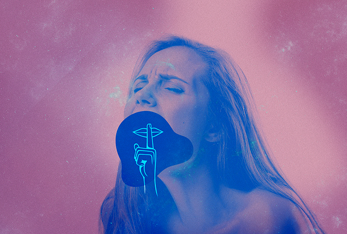 woman makes a face of pleasure with a blue blob over her mouth with a symbol of silence