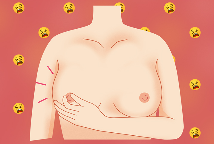 Sad face emojis behind a woman grabbing her nipple.