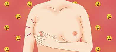 Sad face emojis behind a woman grabbing her nipple.