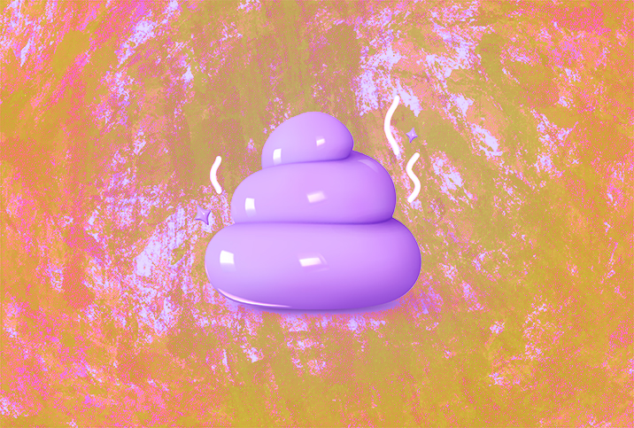 A-shiny-purple-poop-sits-in-front-of-a-pink-and-brown-background