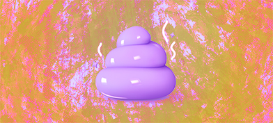 A-shiny-purple-poop-sits-in-front-of-a-pink-and-brown-background