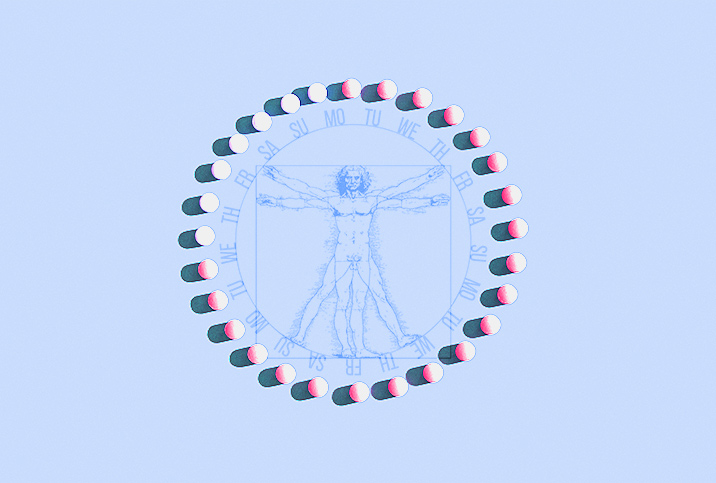 Birth control pills circle a sketch of the Vitruvian man against a light blue background.