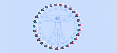 Birth control pills circle a sketch of the Vitruvian man against a light blue background.