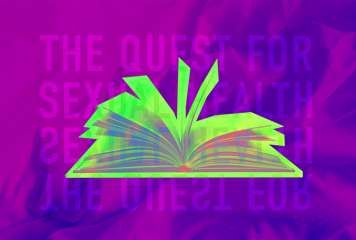 A green polychromic book lays open against a purple background.
