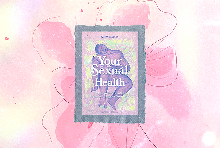 The cover of Your Sexual Health by Kate White sits atop a pink flower.